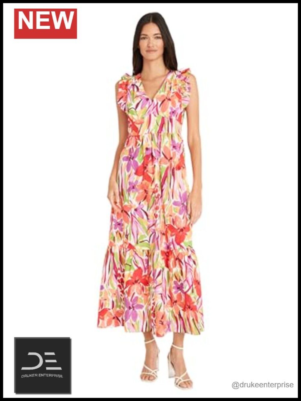 Maggy London Women's Cocktail Dress V-Neck Ruffle Maxi Summer Party